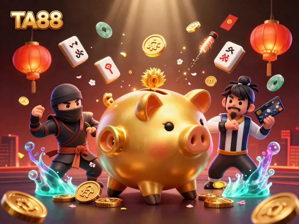 TA88 showcases a dynamic casino scene with a golden piggy bank wrestler and vibrant gaming elements.