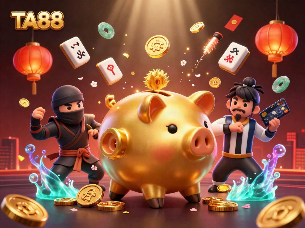 TA88 showcases a dynamic casino scene with a golden piggy bank wrestler and vibrant gaming elements.