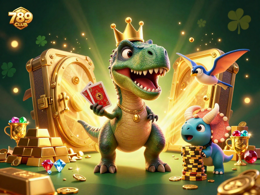 Engage with 789CLUB at a thrilling gambling scene featuring cartoon dinosaurs amidst gold and gems.