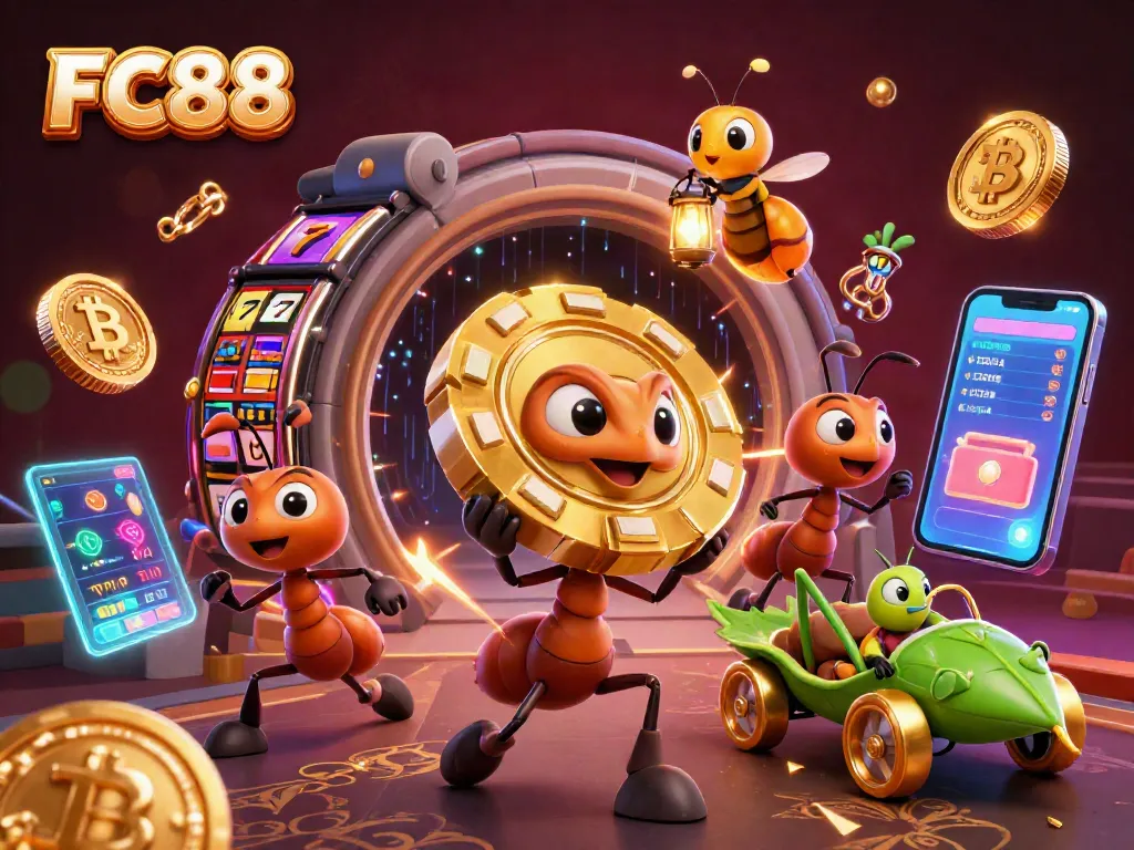 Engage with FC88 by witnessing a 3D cartoon team of ants pulling off a casino heist with vibrant elements.