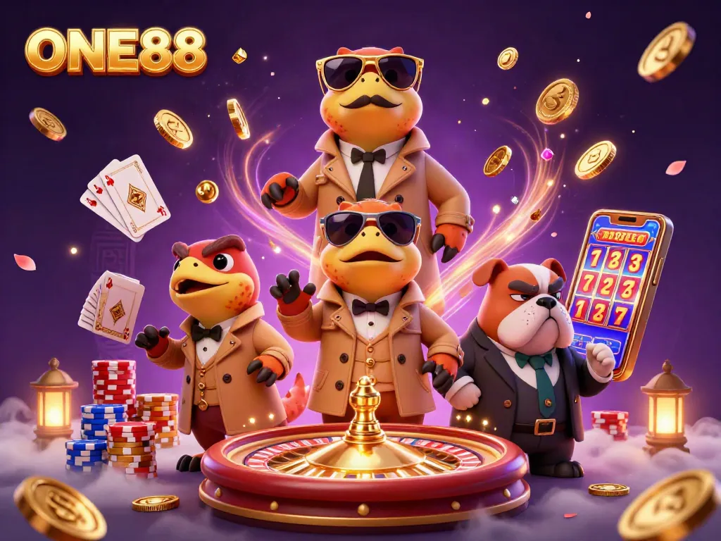 ONE88 raptors in a trench coat humorously attempting VIP casino entrance amidst golden coins and vibrant casino elements.