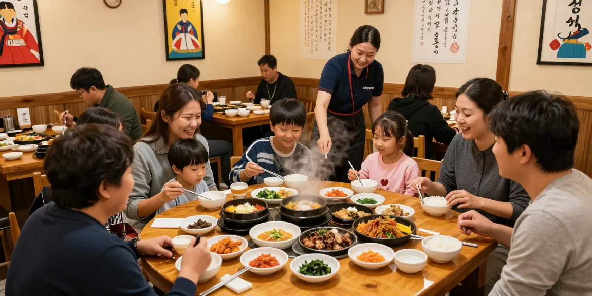 Family enjoying traditional Korean dishes at 상봉동 한국관 restaurant, cozy and inviting atmosphere.