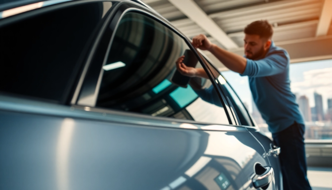 Apply the best window tint Chattanooga TN expertly on a sleek car in the vibrant downtown setting.