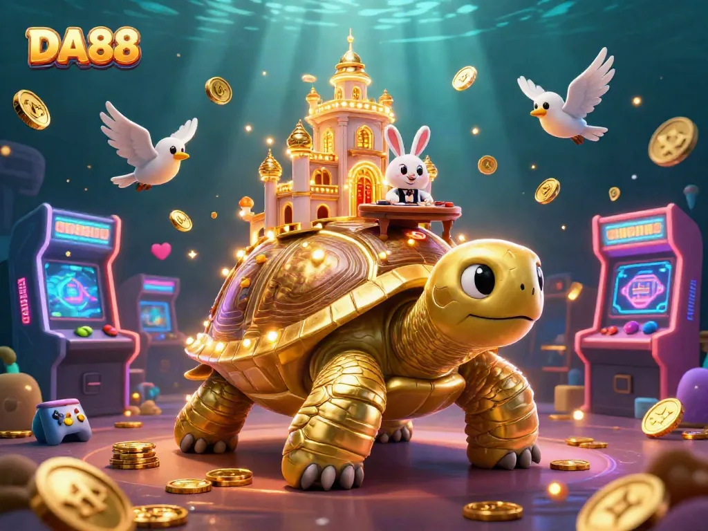 DA88 offers an engaging gaming experience with a vibrant casino scene featuring a golden tortoise and rabbit dealer.