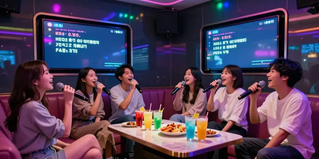 강남 달토에서 친구들과 함께 노래 부르는 즐거운 장면