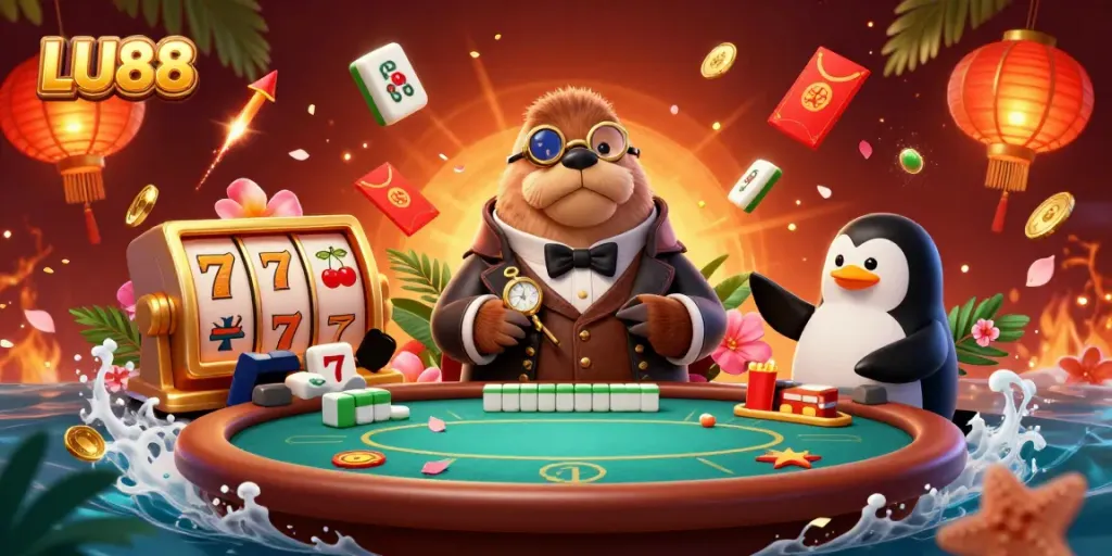 Engage in thrilling games with LU88, featuring vibrant 3D characters and casino elements.