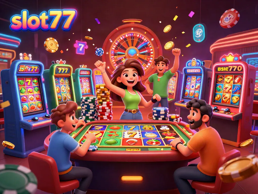 Slot777 yang menarik dengan pemain meraih kemenangan besar di mesin slot yang penuh warna.