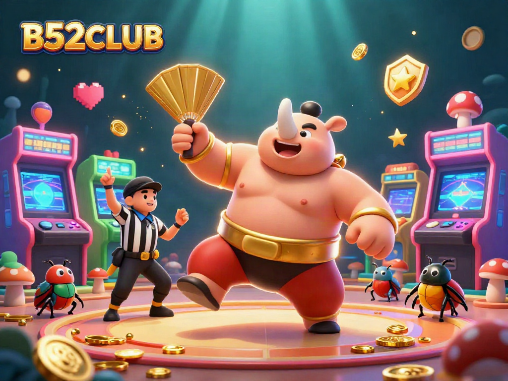 B52CLUB's legendary sumo beetle champion stomps coins with vibrant casino magic.