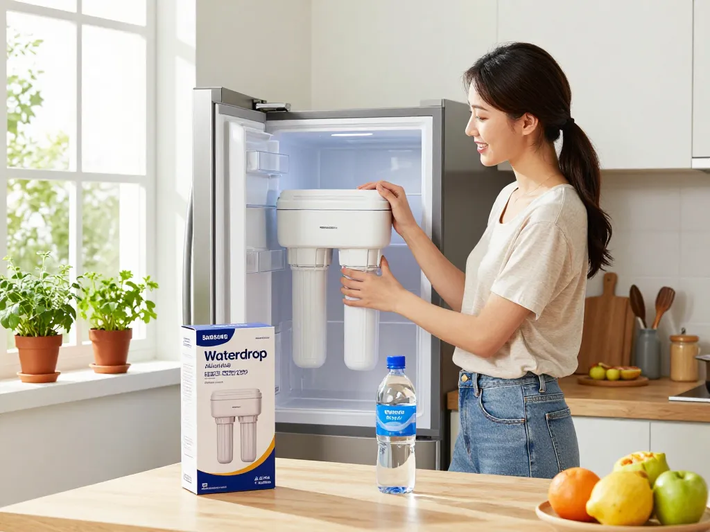 Young woman installing Waterdrop Alkaline DA29-00020B Replacement for Samsung® Water Filter HAF-CIN/EXP in bright kitchen filled with fresh produce.