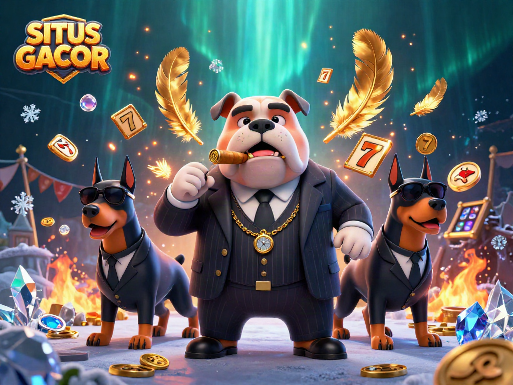 SITUS GACOR scene featuring a mafia bulldog, Doberman bodyguards, and thrilling casino elements.