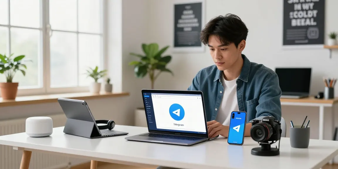Young professional using telegram中文版 on laptop and smartphone in a modern workspace.