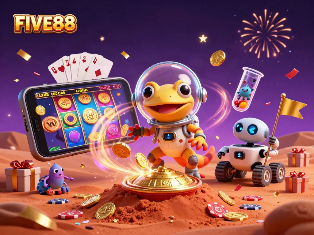 Engage in thrilling gameplay with FIVE88 as the Martian gecko discovers a golden casino hidden in Mars sand.