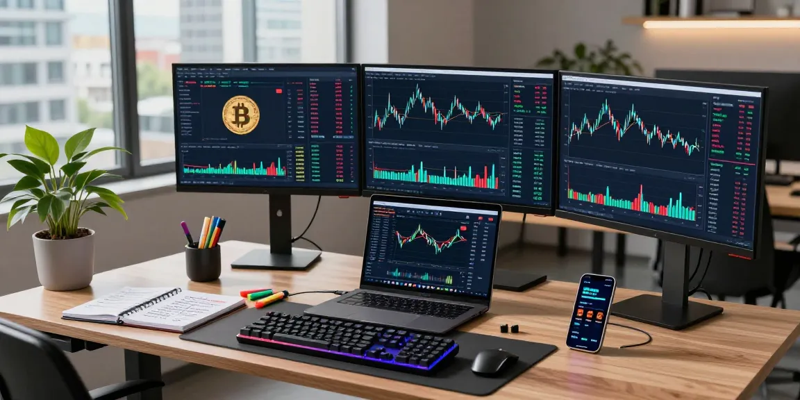 Profitable cloud mining platform in an advanced crypto trading setup with monitors displaying blockchain analytics and digital wallet notifications.