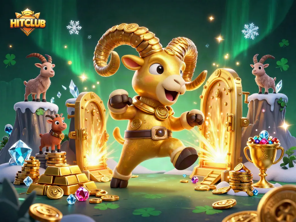 Engage in HITCLUB's vibrant 3D scene with golden ram interacting amid treasure, captivating casino excitement.
