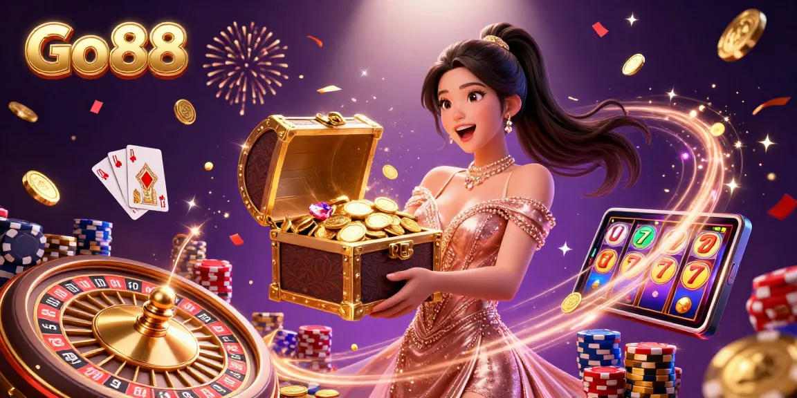Go88 presents an exciting casino scene with a joyful Asian woman showcasing treasures surrounded by gaming elements.