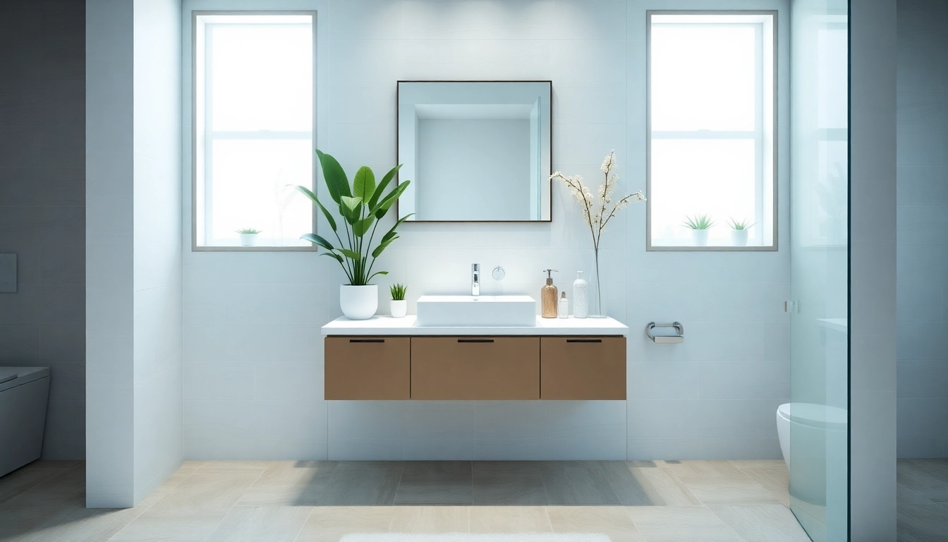 Experience a small bathroom remodel with a modern vanity and natural light.
