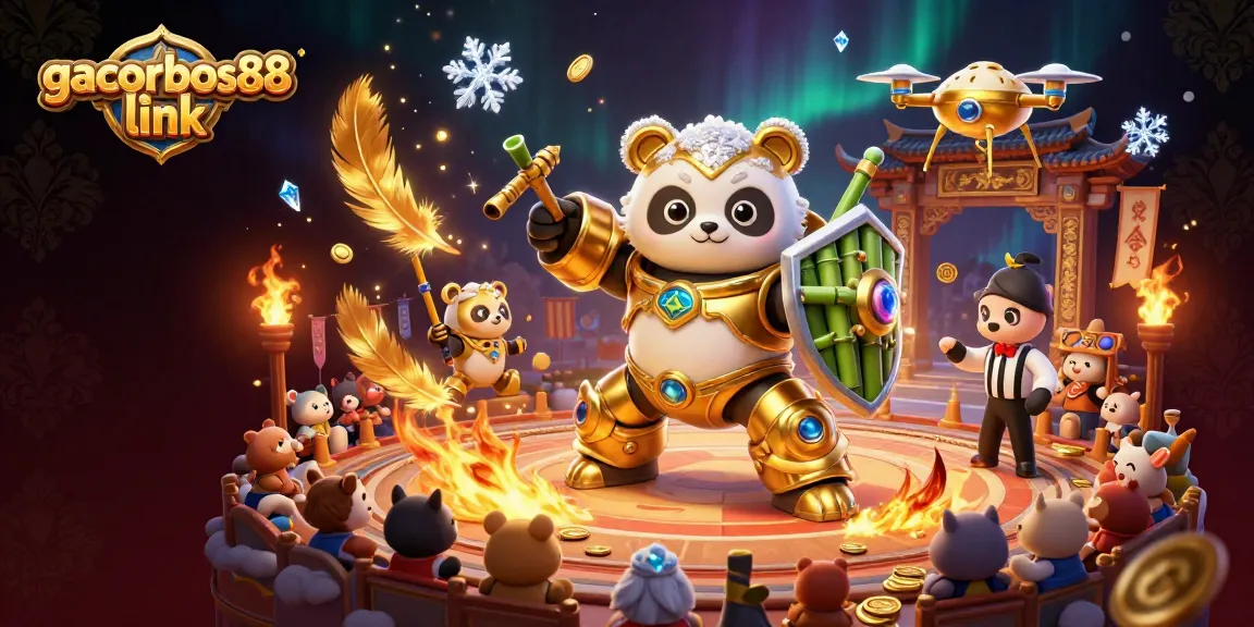 Experience thrilling gameplay with the gacorbos88 link, featuring a dynamic arena and energetic characters in a 3D slot game.