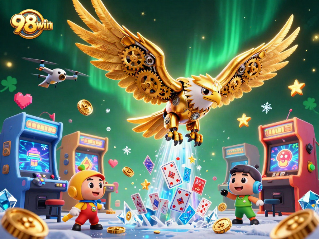 98win showcases a vibrant 3D scene of a cybernetic golden eagle among holographic cards, evoking casino excitement.