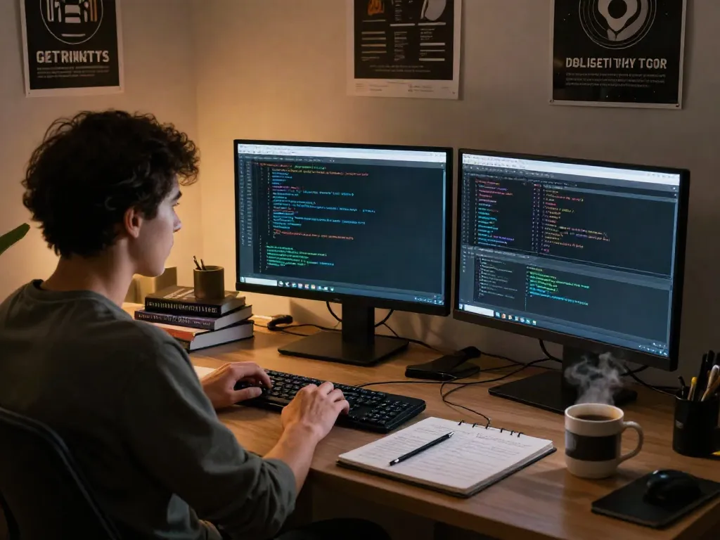 Individual analyzing the hidden wiki dark web in a well-equipped workspace, emphasizing cybersecurity and privacy.