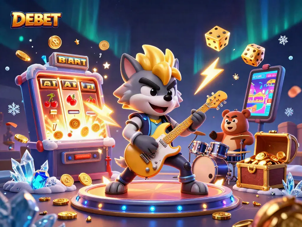 Experience DEBET's thrilling atmosphere with a rock star wolf and drummer bear in an exciting casino setting.