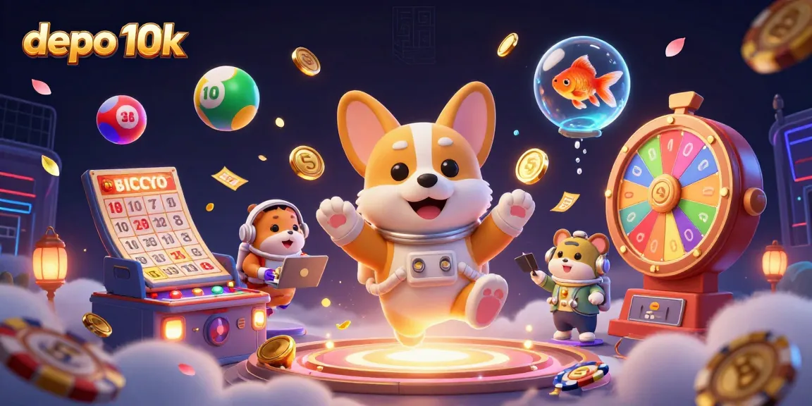 Join the thrilling world of depo 10k as a playful corgi astronauts spins colorful lottery balls in a vibrant casino scene.