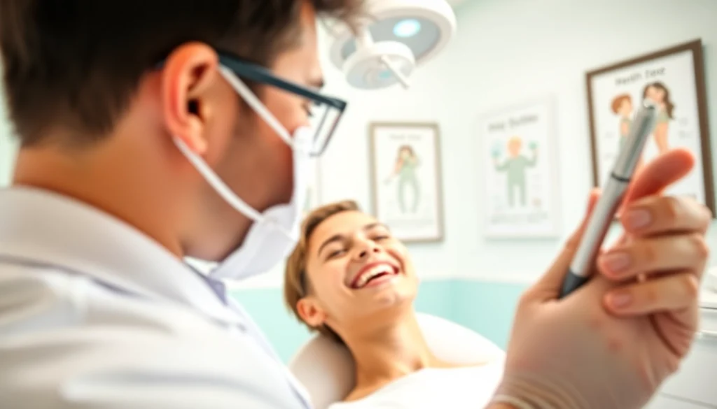Dentist performing a check-up, highlighting patient care and dental tools.