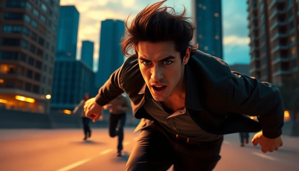 Engaging action scene featuring a character from a Fast-paced thriller sprinting through a vibrant cityscape.