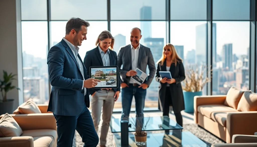 Real Estate agent showcasing property listings to clients in a modern office space.
