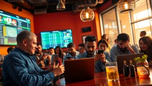 Engaged users indulging in sports betting in India through smartphones and laptops in a vibrant setting.