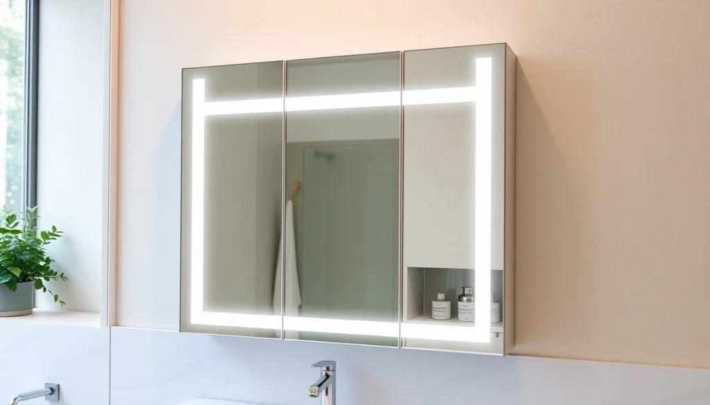 Spiegelschrank mit LED Beleuchtung optimal beleuchtet im modernen Badezimmer präsentieren.