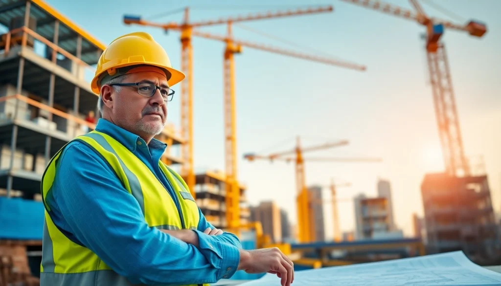 New York City General Contractor inspecting a vibrant construction site in a sunny urban setting.