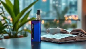 Elfbar Vape auf einem stilvollen Tisch mit grünen Pflanzen im Hintergrund und einem entspannenden Ambiente.