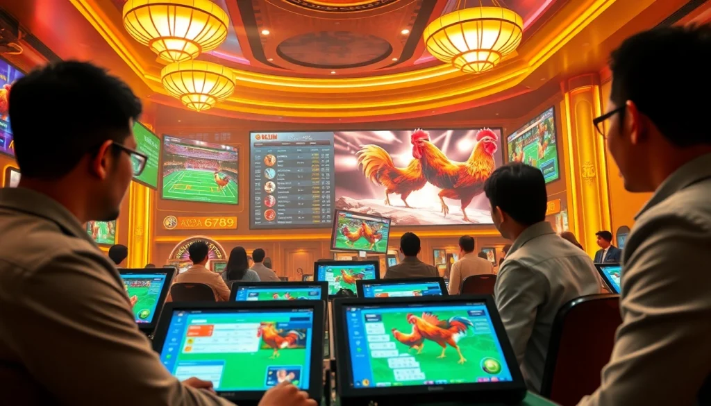 Action-packed moment of đá gà 6789 net, featuring an engaging online betting interface with roosters and vibrant analytics.