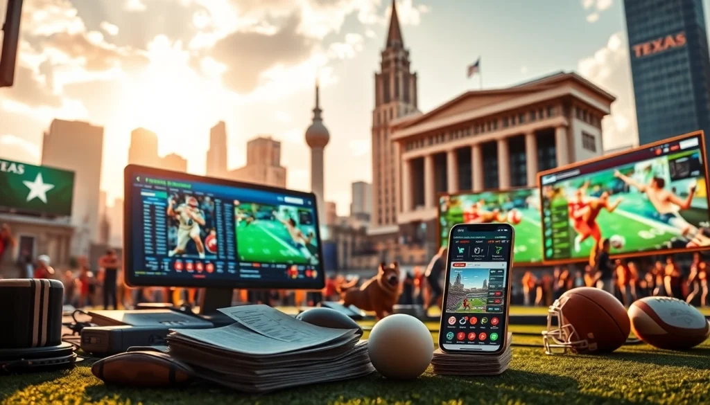 Engaging graphic about sportsbooks in Texas showcasing betting platforms and mobile apps.