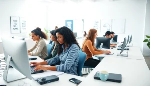 Enhance typing center efficiency with professional staff and modern tools in a vibrant office.