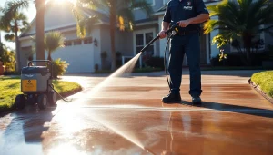 Concrete cleaning in Kissimmee FL, showcasing a technician professionally pressure washing a driveway.