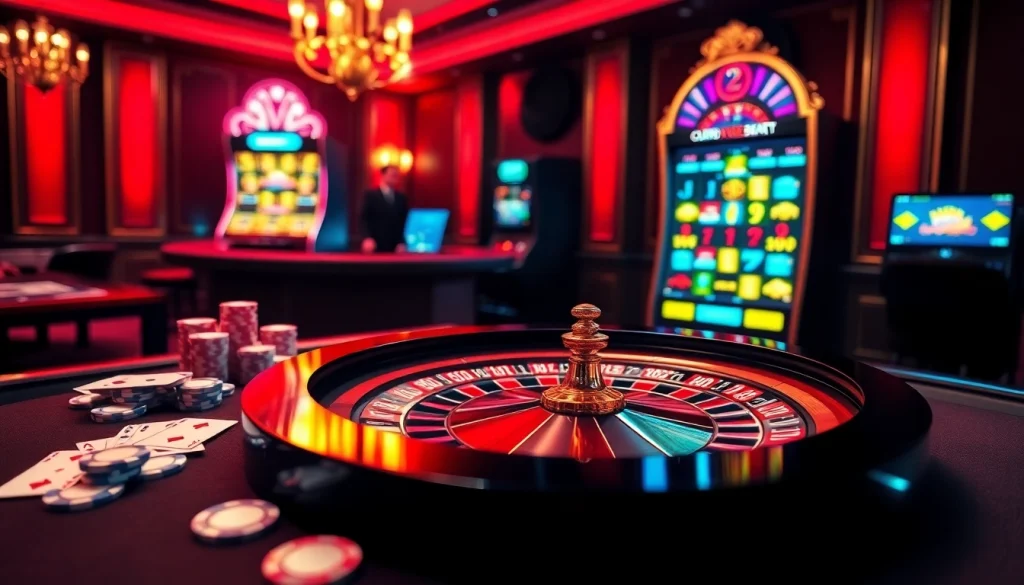 Experience thrilling gameplay at ev88.claims with vibrant casino visuals featuring roulette and poker.