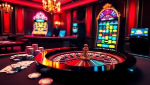 Experience thrilling gameplay at ev88.claims with vibrant casino visuals featuring roulette and poker.