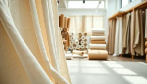 Linnen stof toont zijn unieke textuur en kleur variëteiten in een stijlvolle showroom.