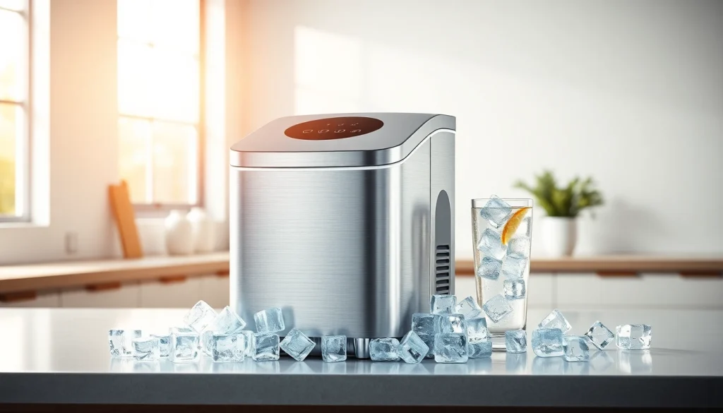 Showcase of an affordable ice maker in a bright kitchen, highlighting its sleek design and shiny exterior.