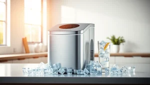 Showcase of an affordable ice maker in a bright kitchen, highlighting its sleek design and shiny exterior.