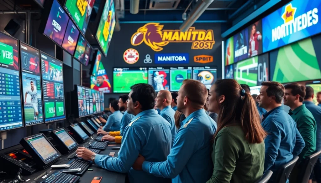Engaged bettors at sportsbooks in Manitoba reviewing live betting odds.