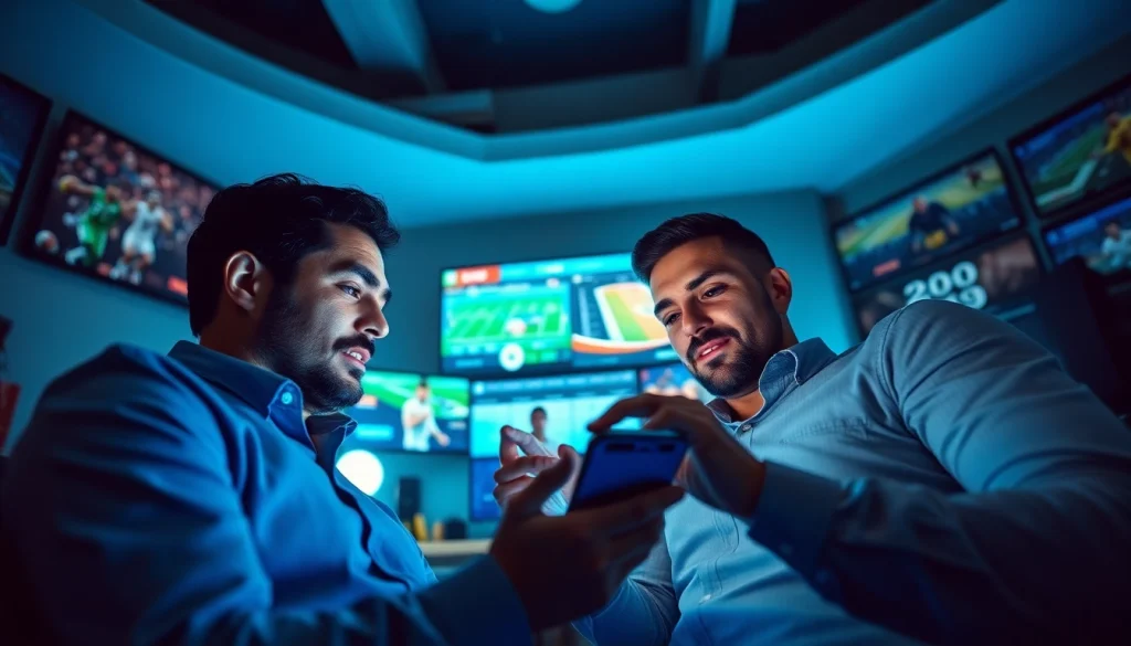 Engaged bettors exploring sportsbooks in California on a smartphone amid popular sports imagery.