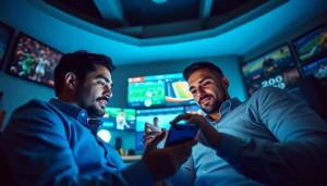 Engaged bettors exploring sportsbooks in California on a smartphone amid popular sports imagery.