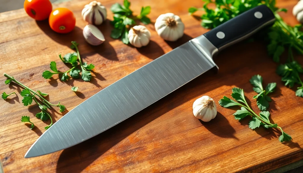 Learn how to choose a chef’s knife by examining a sharp knife beside fresh ingredients.
