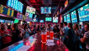 Cheerful fans engaging with sportsbooks in Alabama in a lively sports bar environment.