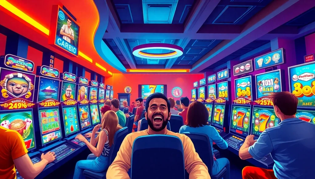 Situs kode4d gaming lounge illustration with diverse players enjoying exciting slot games in a vibrant atmosphere.