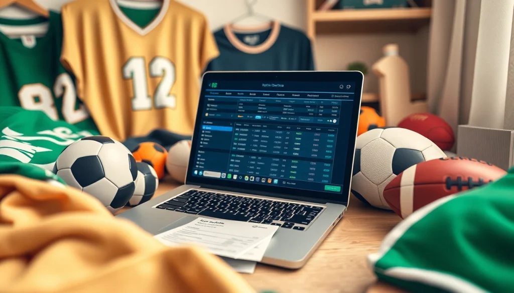 Engaging scene of sportsbooks in Canada displayed on a laptop amidst sports memorabilia.
