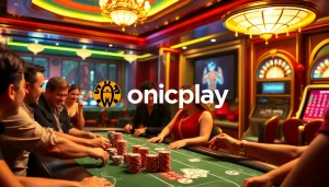 Gamblers enjoying exciting games at Onicplay casino with vibrant chips and cards.