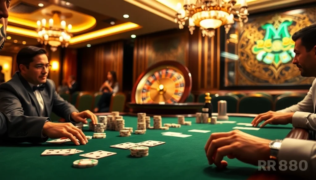 Players enjoying high-stakes poker at RR88, surrounded by an elegant casino atmosphere.